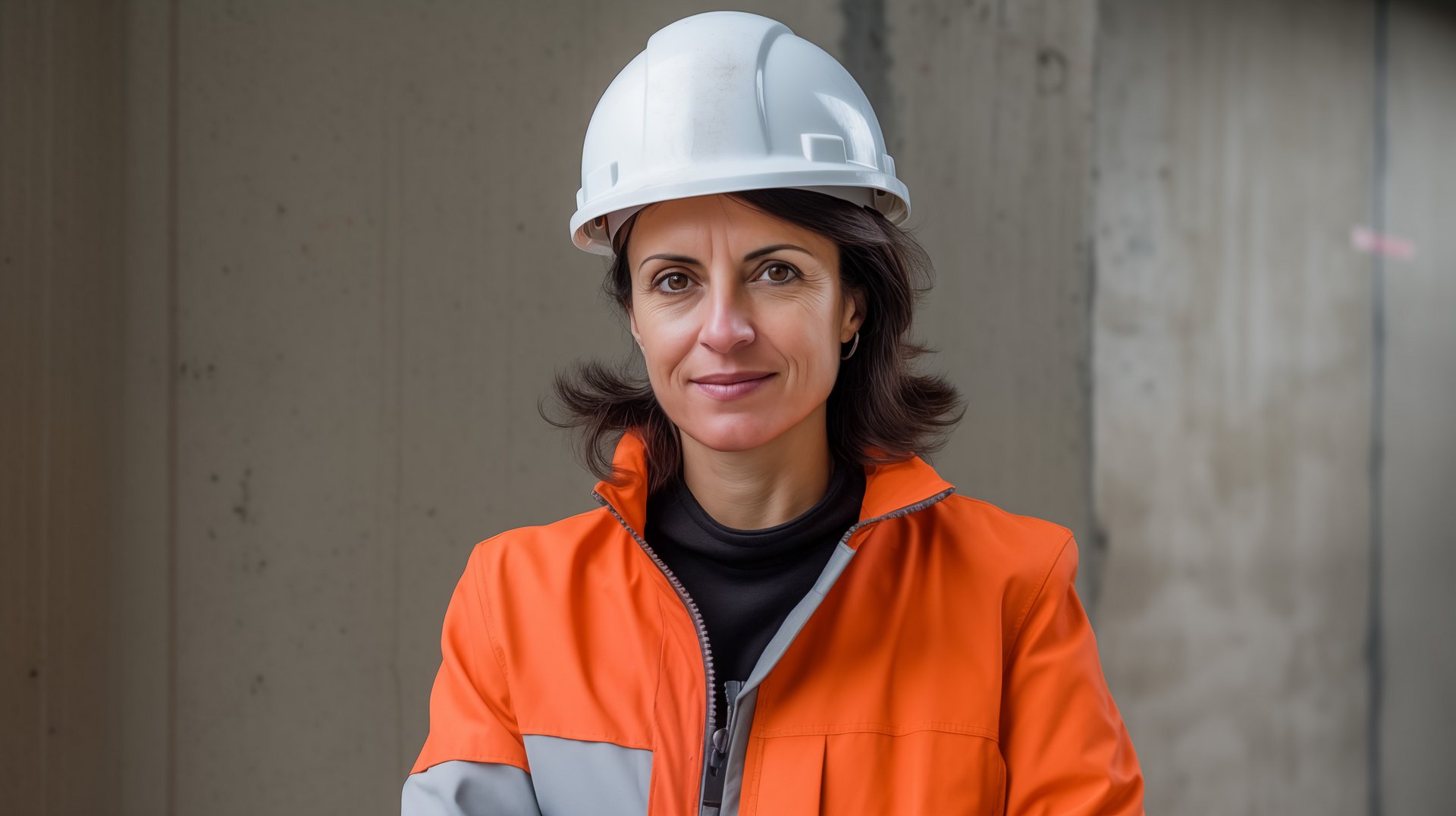 Ki generiertes Bild einer fiktiven, freundlich lächelnden Mitarbeiterin mit weißem Bauhelm und orangener JAcke